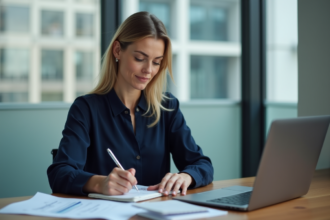 Femme d'affaires française en pleine concentration au bureau