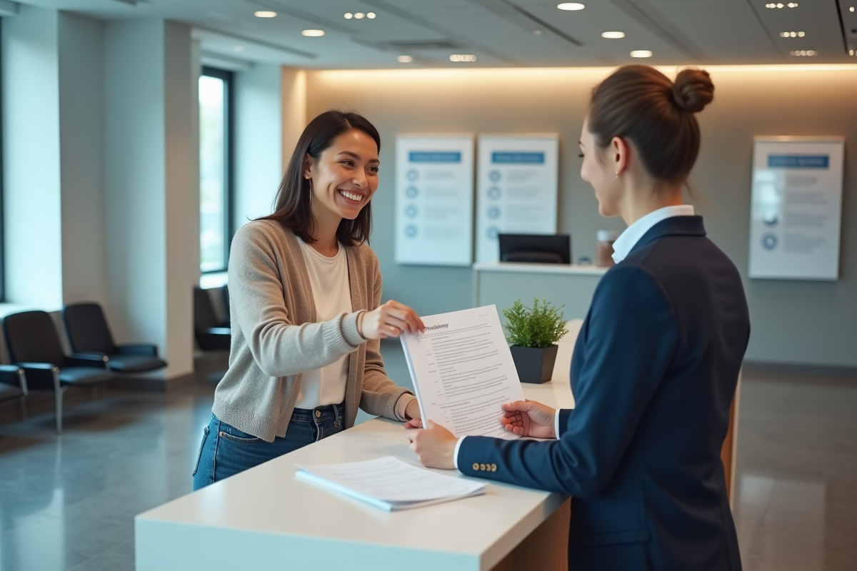 Femme souriante remettant des formulaires à un agent à la caisse