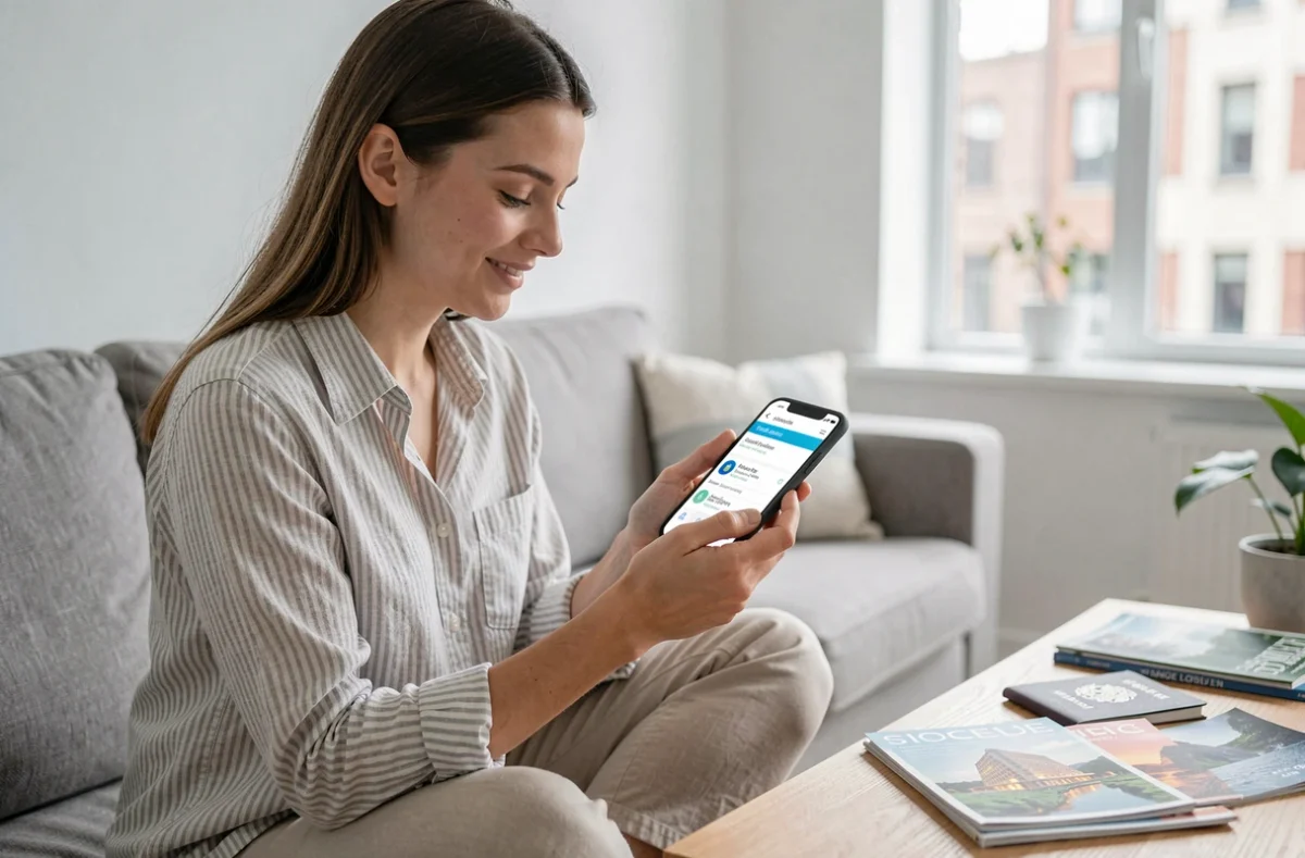 Jeune femme gérant une cagnotte de voyage en ligne sur son smartphone depuis son salon