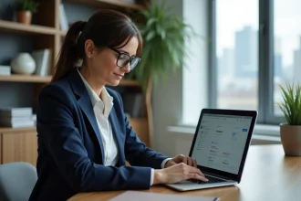 Femme professionnelle gérant ses opérations bancaires en ligne depuis un espace de travail moderne et épuré