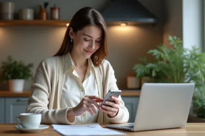 Jeune femme vérifiant ses finances avec smartphone et carte