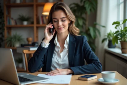 Femme en télétravail avec smartphone et passeport