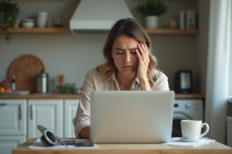 Femme inquiète vérifiant ses comptes bancaires à la maison