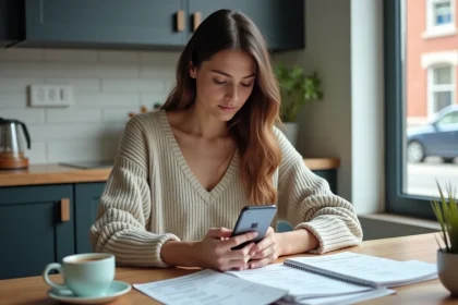 Jeune femme avec smartphone et factures mobiles