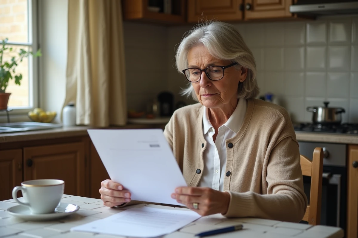Une femme lisant attentivement des documents administratifs liés à la rente accident du travail chez elle