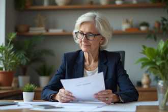 Femme lisant des papiers dans un bureau moderne français