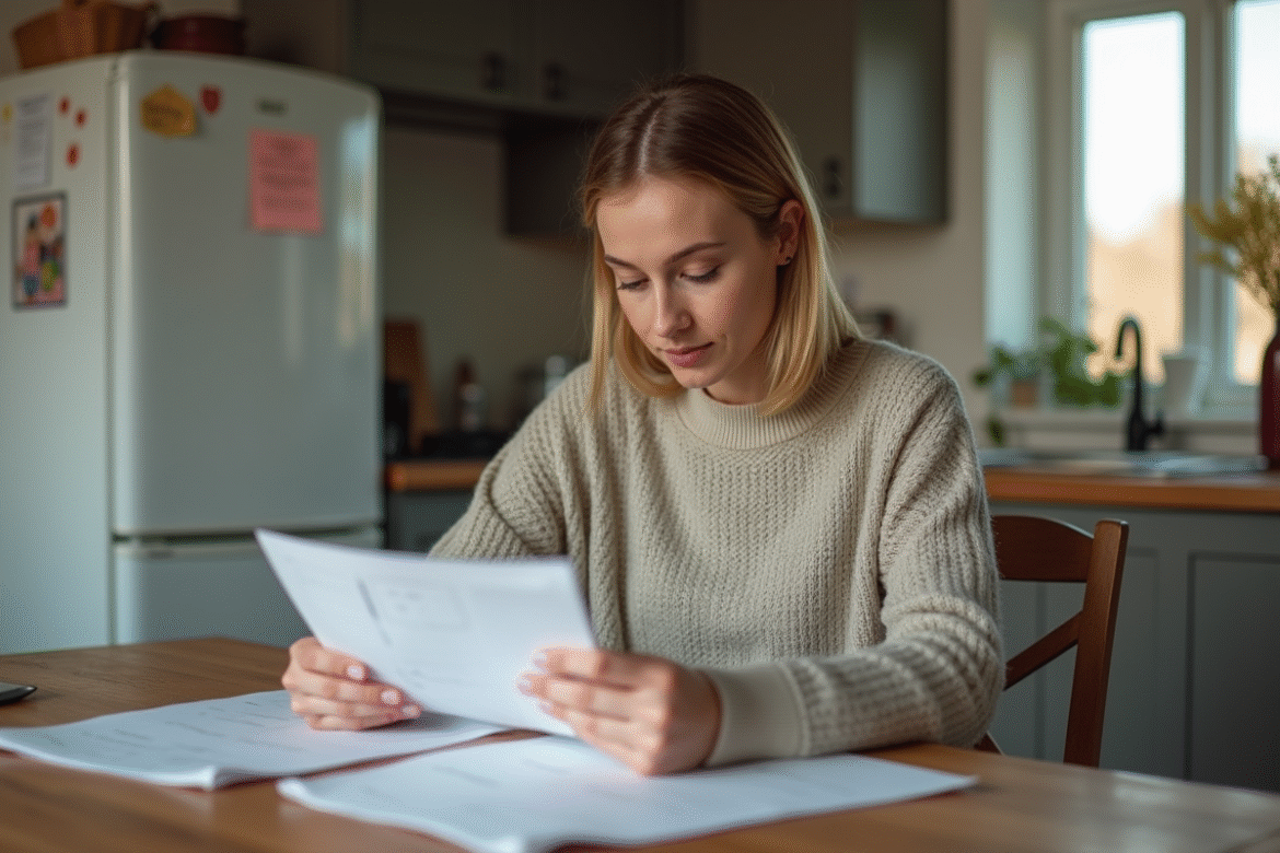 Femme lisant des papiers dans une cuisine chaleureuse