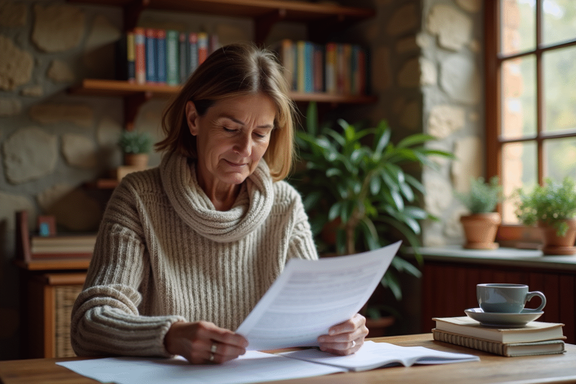 Femme lisant des papiers de taxe foncière dans sa maison secondaire