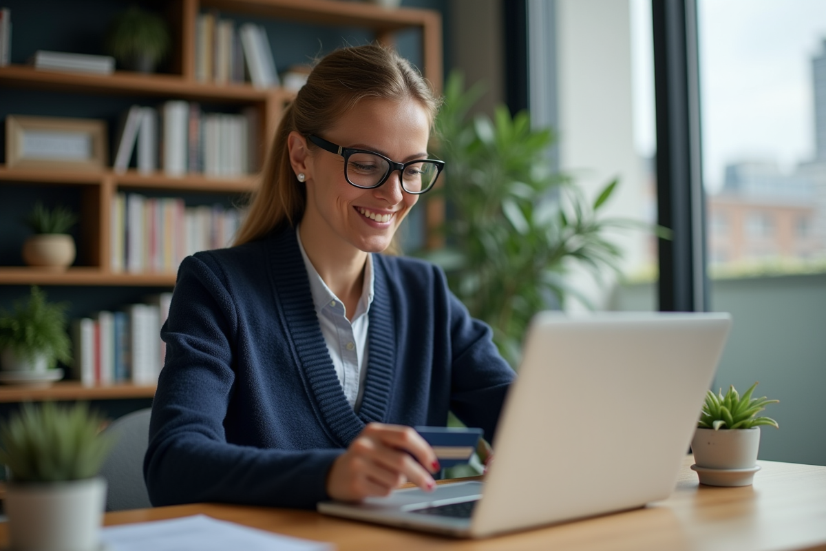 Femme en bureau moderne utilisant sa carte bancaire