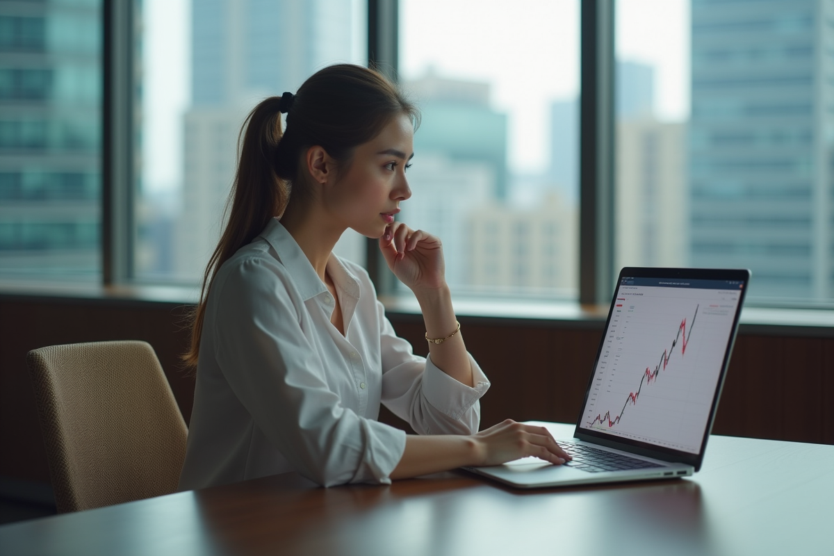 Jeune femme en bureau examine des taux de prêt internationaux