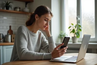 Femme consultant sa facture Freebox sur un ordinateur portable et un smartphone dans une cuisine moderne