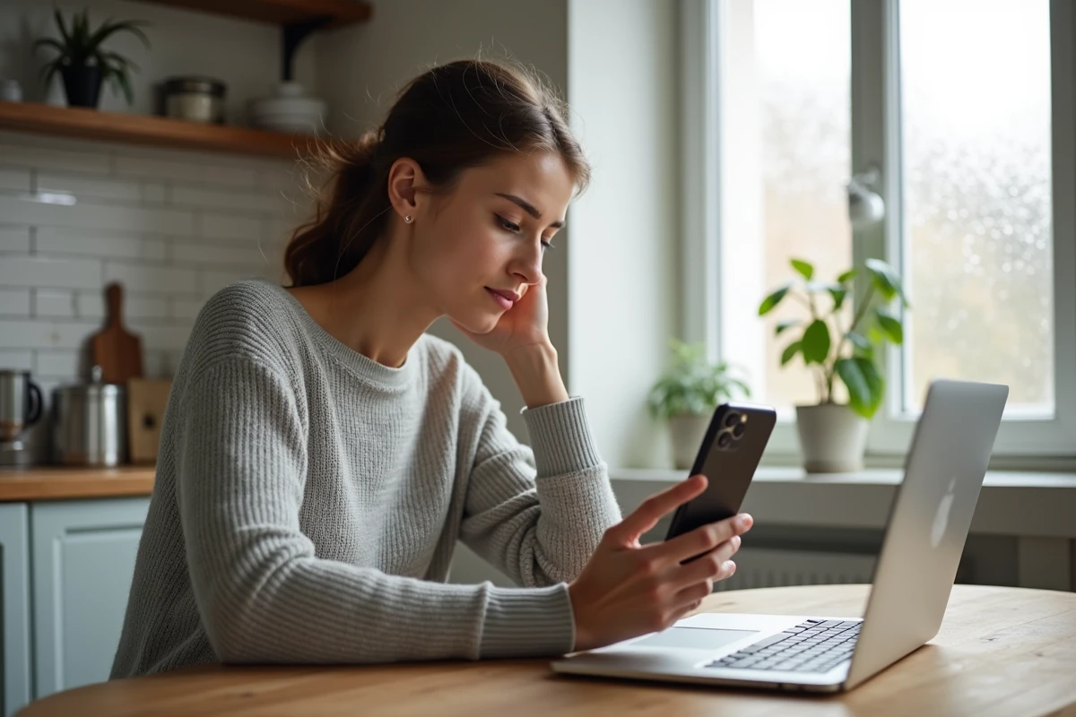 Femme consultant sa facture Freebox sur un ordinateur portable et un smartphone dans une cuisine moderne