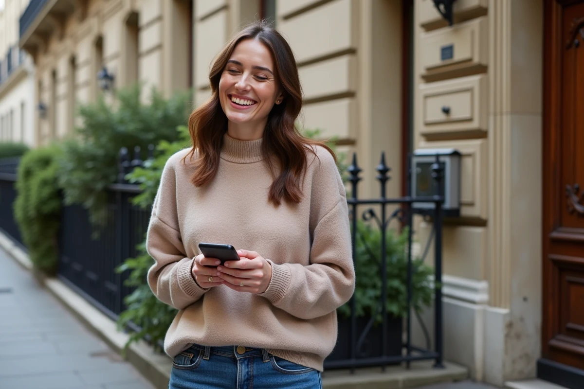 Femme parisienne souriante en rue avec smartphone