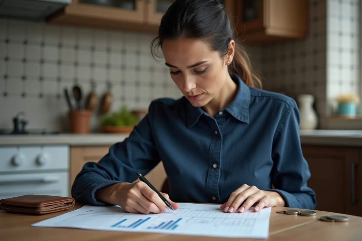 Femme aux petits revenus qui consulte ses relevés bancaires La Banque Postale à la maison