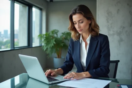 Femme professionnelle comparant une assurance en ligne et une banque traditionnelle dans un bureau moderne