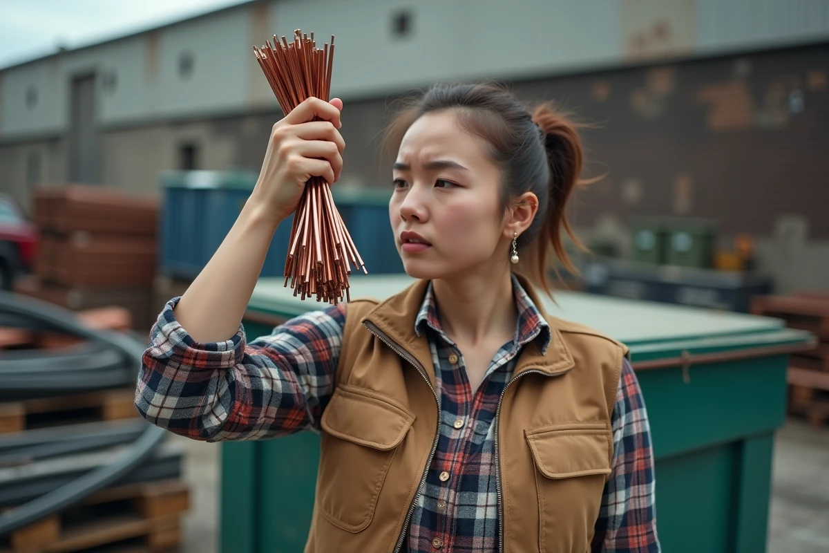 Jeune femme avec câbles cuivre dans une zone de recyclage