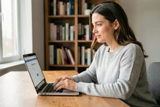 Femme accédant à son espace en ligne pour réinitialiser son mot de passe oublié sur un ordinateur portable