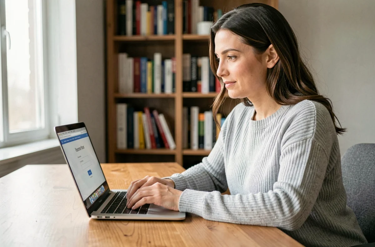 Femme accédant à son espace en ligne pour réinitialiser son mot de passe oublié sur un ordinateur portable