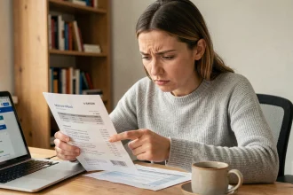 Femme consultant un relevé bancaire à son bureau pour contester des frais Boursorama