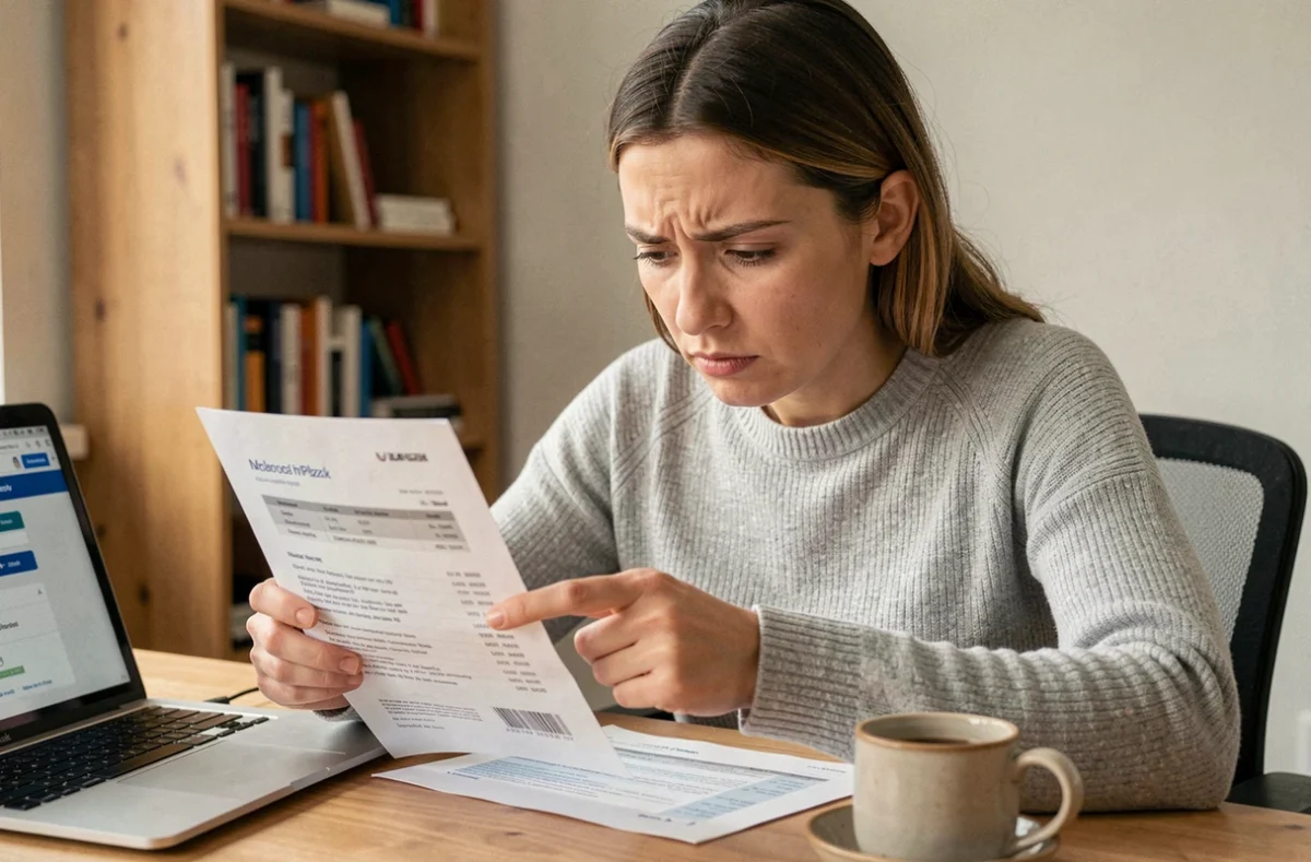 Femme consultant un relevé bancaire à son bureau pour contester des frais Boursorama