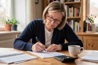 Femme remplissant le formulaire Cerfa 3916 bis à la table de cuisine avec stylo et calculatrice