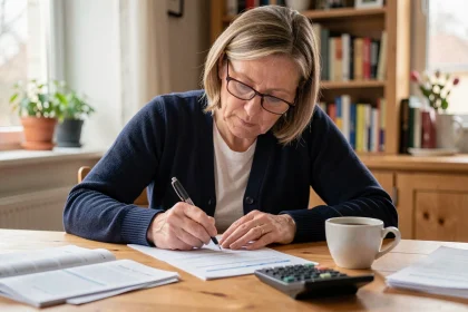 Femme remplissant le formulaire Cerfa 3916 bis à la table de cuisine avec stylo et calculatrice
