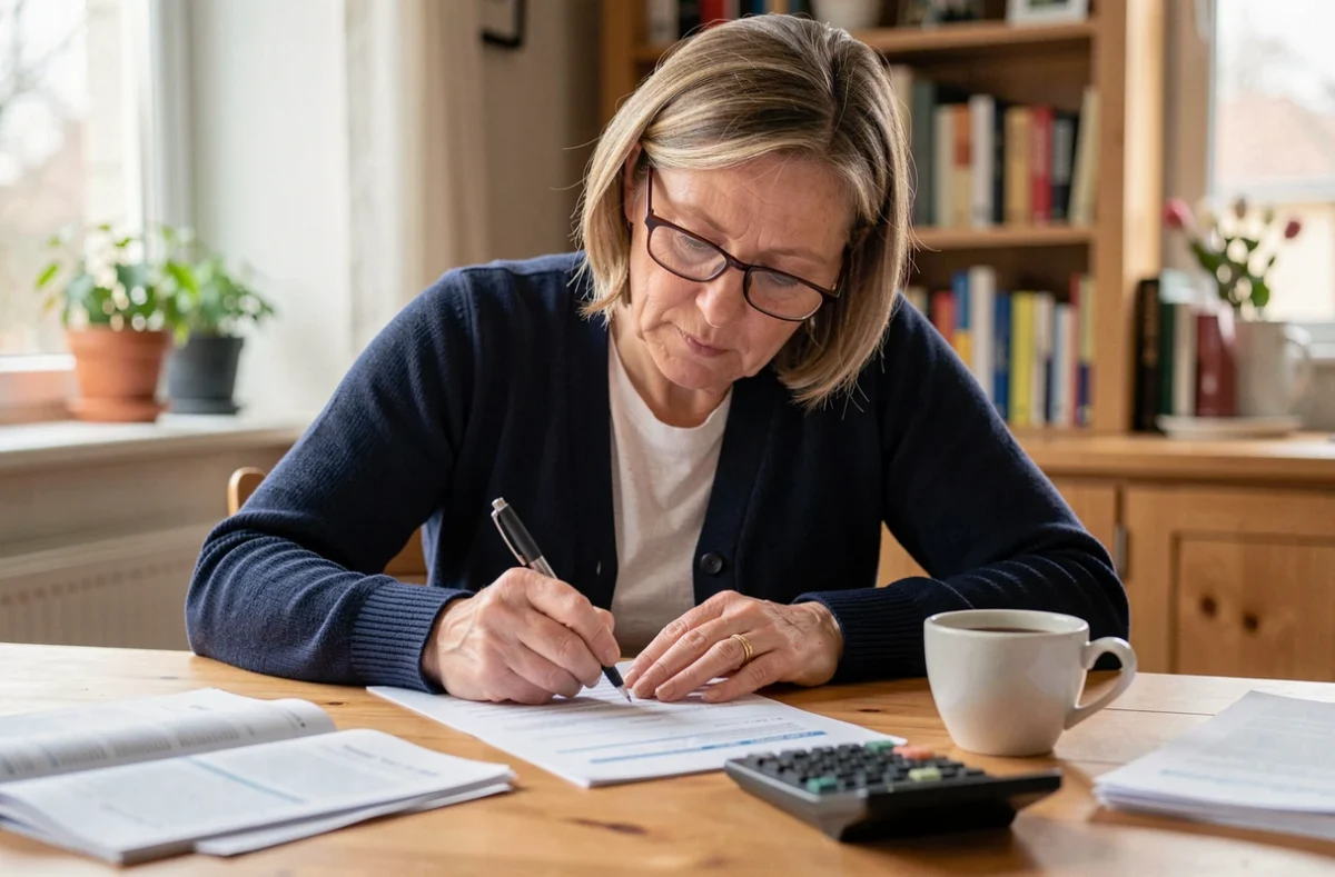Femme remplissant le formulaire Cerfa 3916 bis à la table de cuisine avec stylo et calculatrice