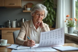 Femme âgée étudie un calendrier de retraite à la maison