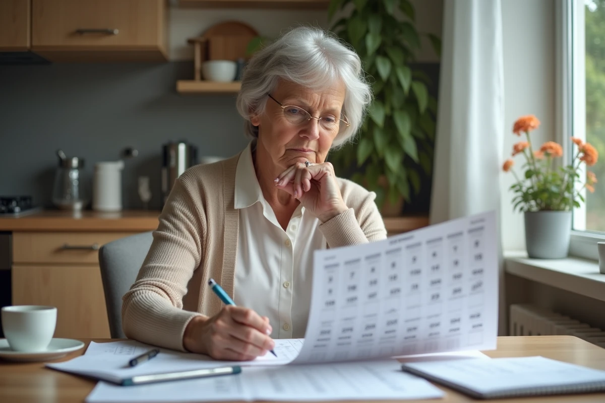 Femme âgée étudie un calendrier de retraite à la maison