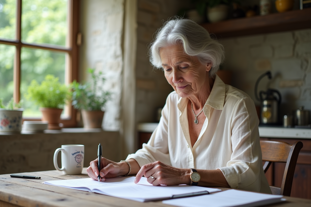 Femme âgée en cuisine en train de lire des papiers