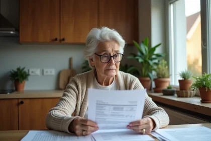 Femme âgée lisant des documents de retraite à la maison