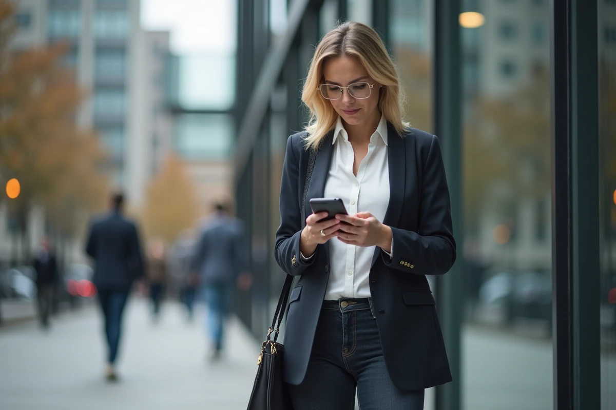 Femme allocataire du RSA sortant d'un entretien d'embauche devant un immeuble de bureaux en ville lors de sa reprise d'emploi