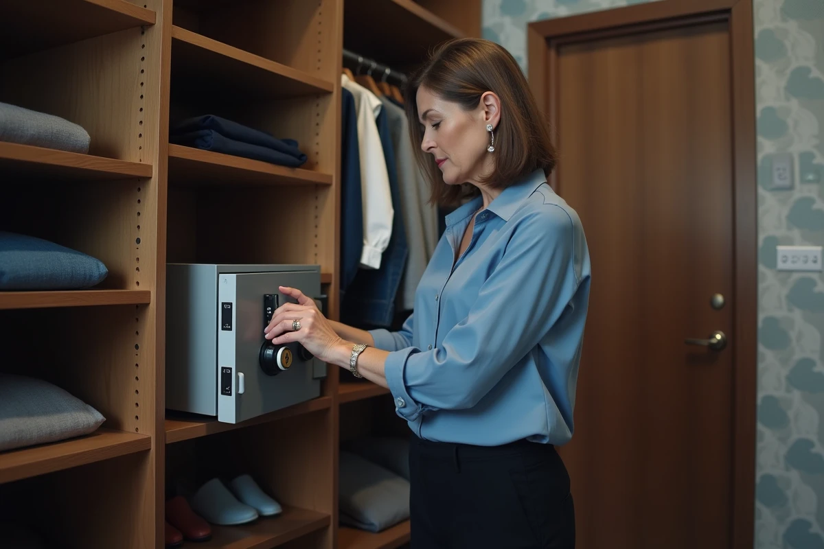 Femme rangeant une clé USB dans un coffre sécurisé dans le dressing