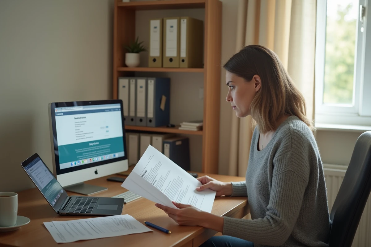 Femme seule consultant des documents sur le RSA et les conditions de retour à l'emploi depuis son bureau à domicile