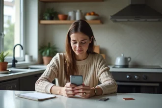 Femme dans sa cuisine vérifiant son smartphone