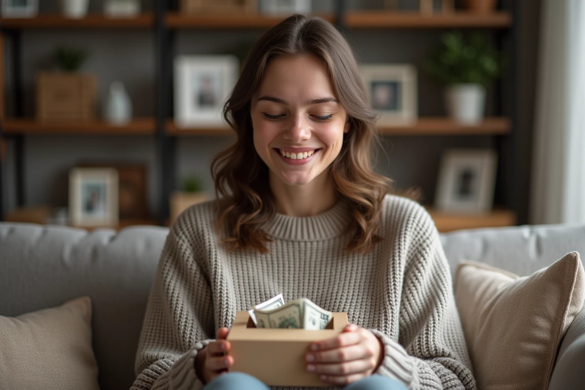 Jeune femme ouvrant un petit cadeau avec des billets visibles