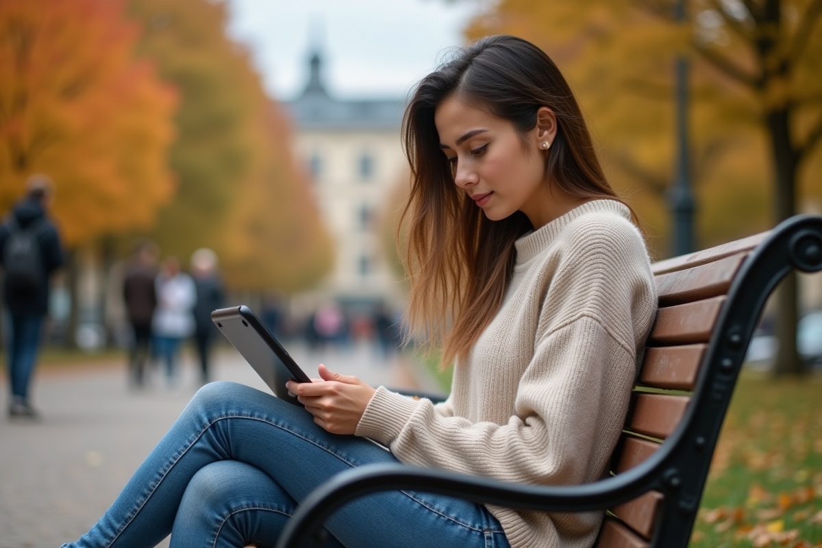 Jeune femme utilisant une tablette sur un banc en automne