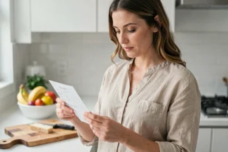 Femme examinant un ticket de caisse dans une cuisine moderne avant de scanner pour un remboursement Quoty