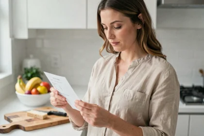 Femme examinant un ticket de caisse dans une cuisine moderne avant de scanner pour un remboursement Quoty