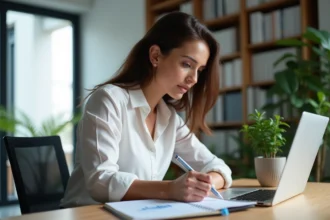 Femme en bureau analysant un graphique sur son ordinateur