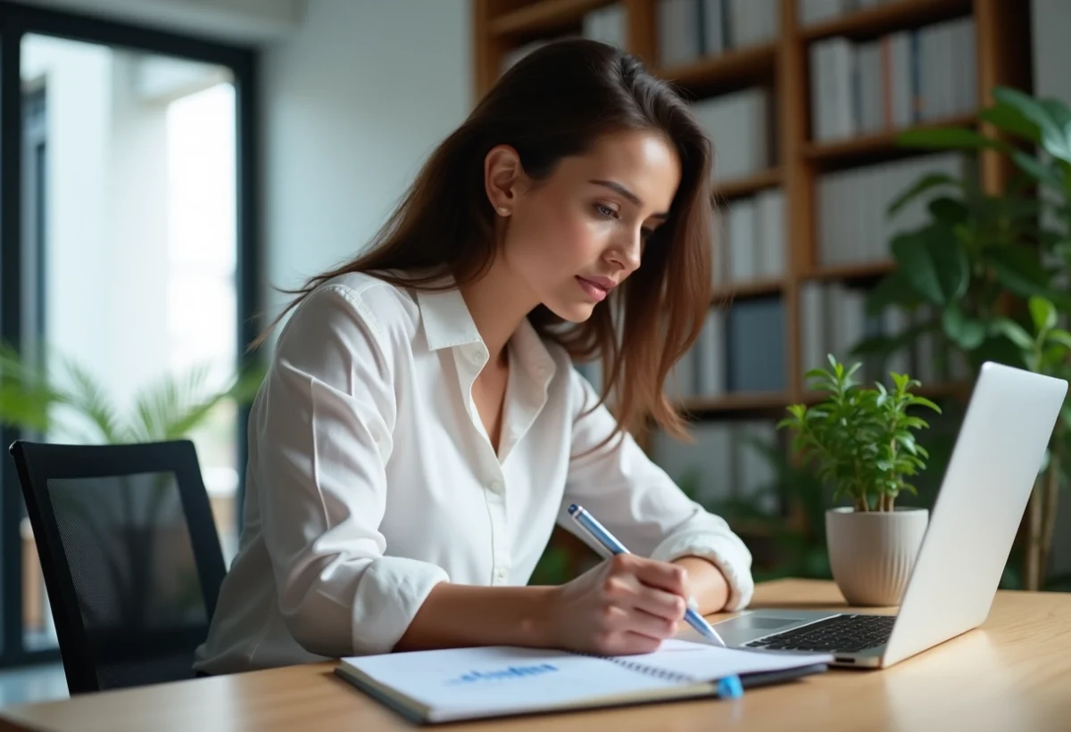 Femme en bureau analysant un graphique sur son ordinateur
