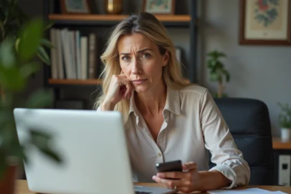 Femme d'âge moyen au bureau à domicile avec smartphone