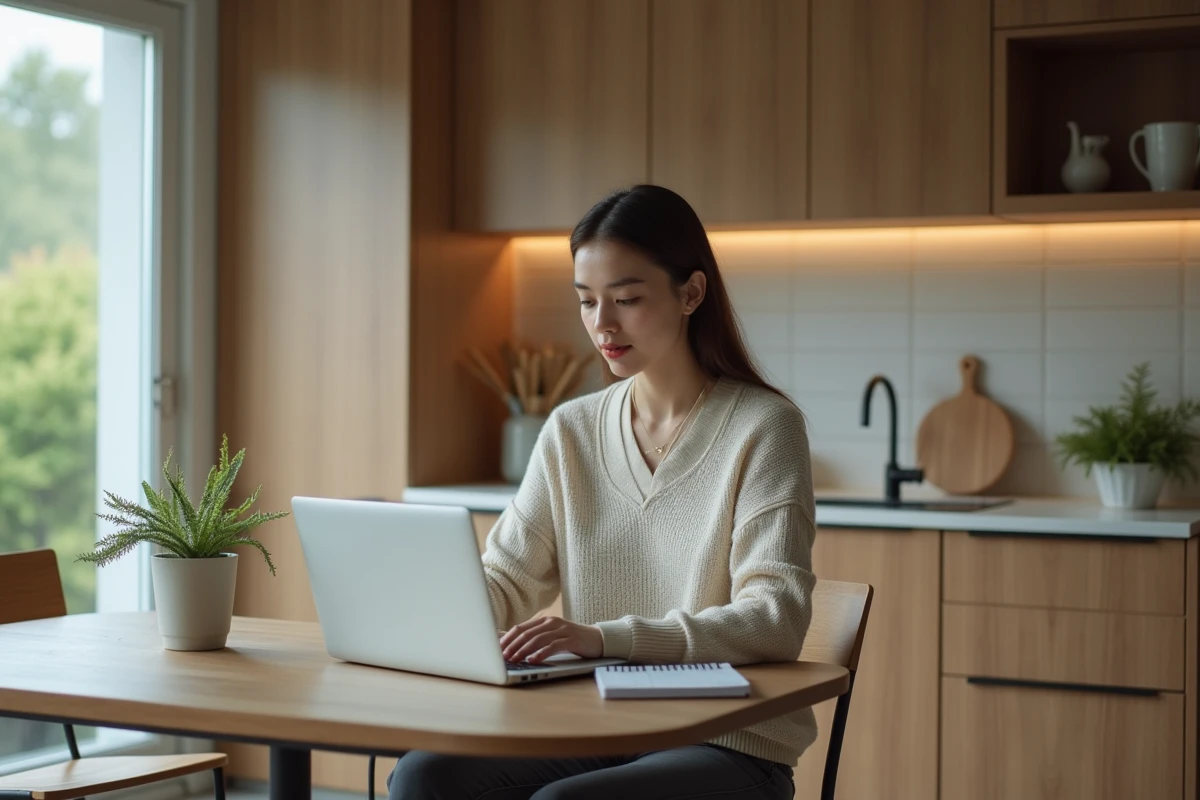 Jeune femme concentrée travaillant sur son ordinateur à la maison
