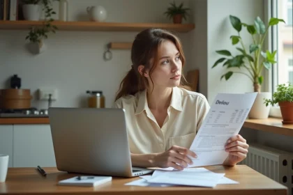 Femme concentrée avec papiers et ordinateur à la maison