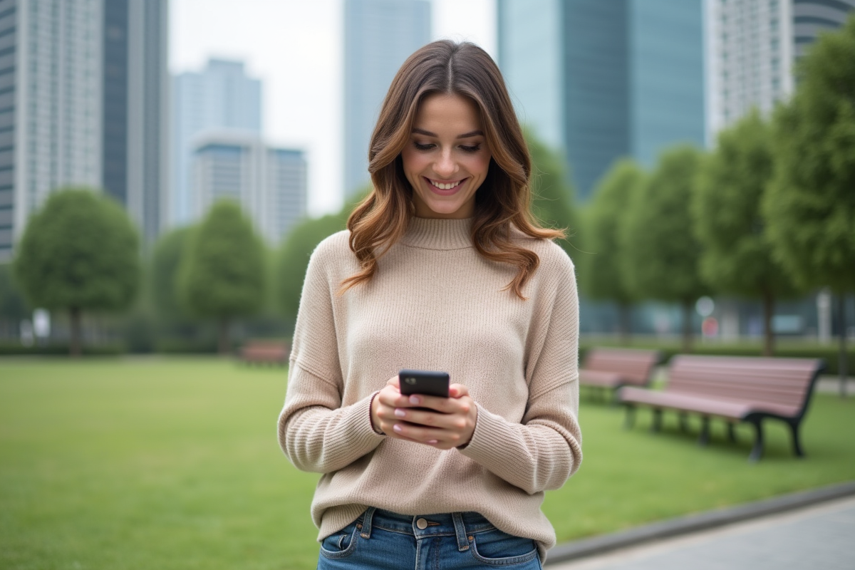 Jeune femme vérifiant une application financière sur son smartphone en plein air