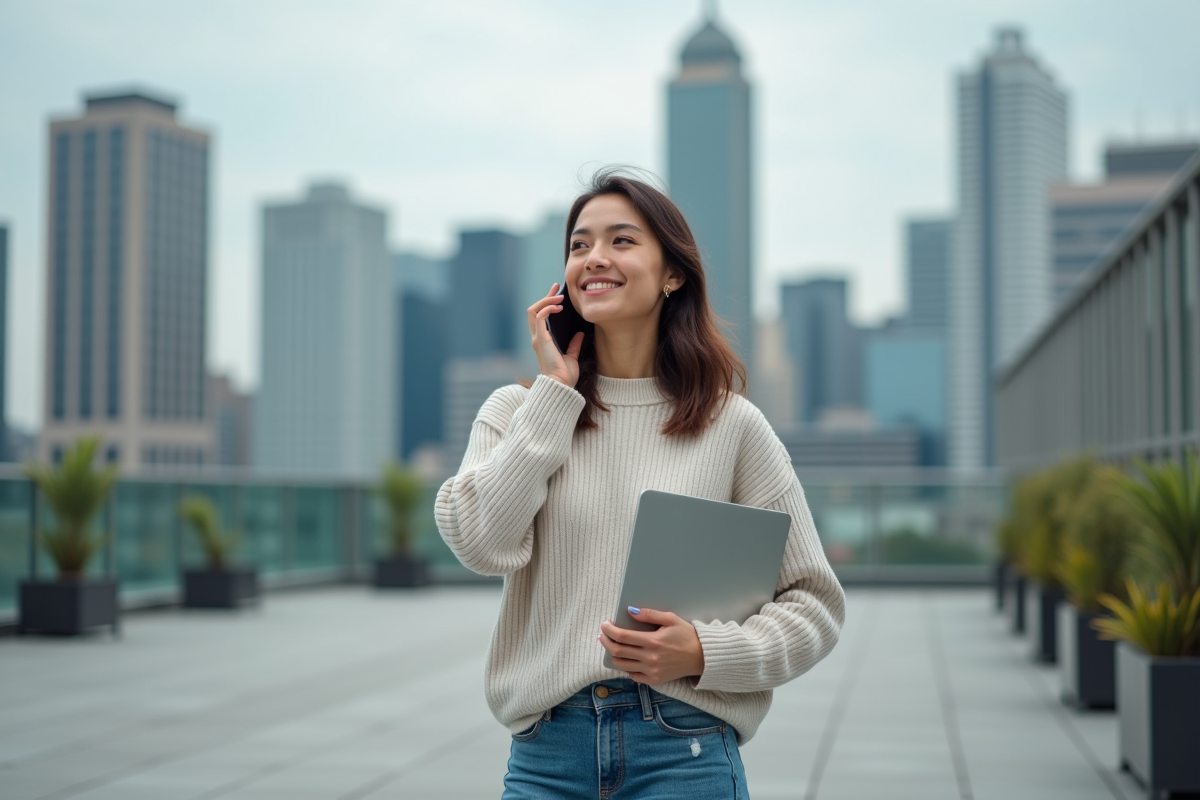 Jeune femme en extérieur parlant au téléphone sur un toit urbain