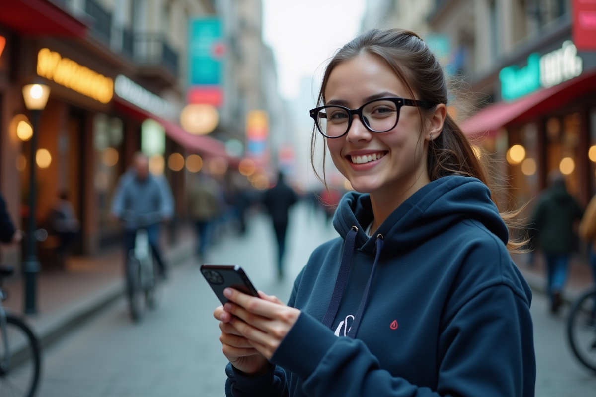 Jeune femme dans la rue tenant son téléphone avec transaction Ethereum
