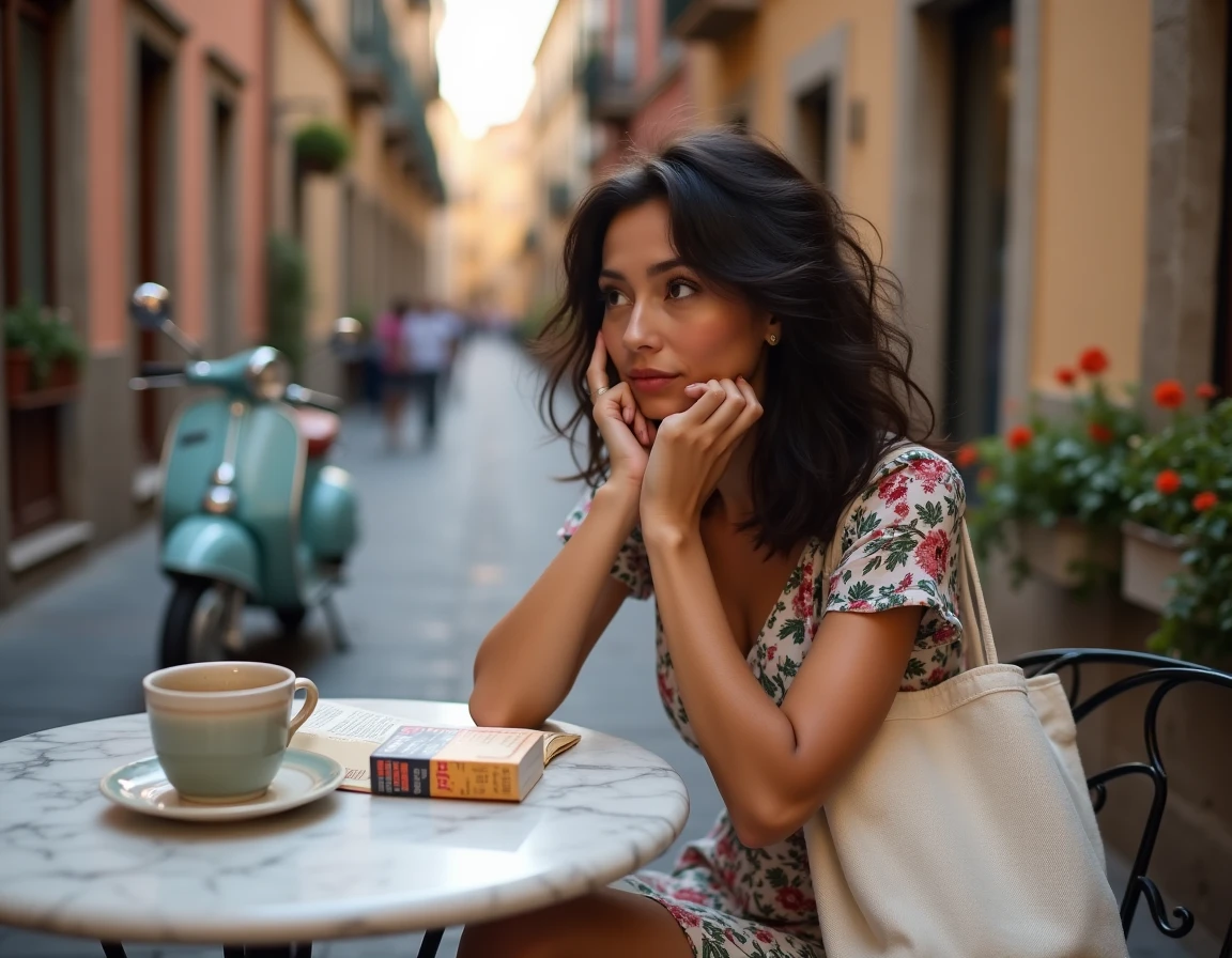 Femme en vacances en Italie comparant le prix des cigarettes à une terrasse de café italienne
