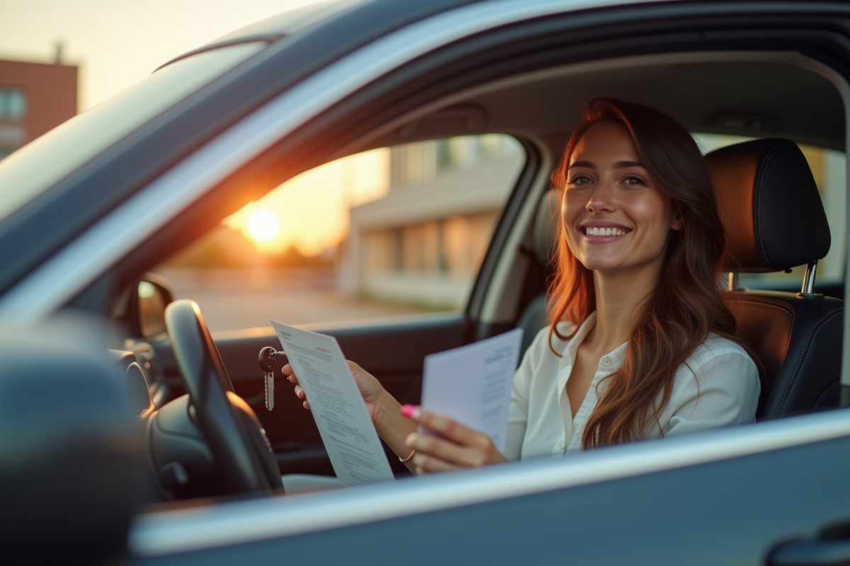 Femme souriante dans une voiture neuve avec documents et clés