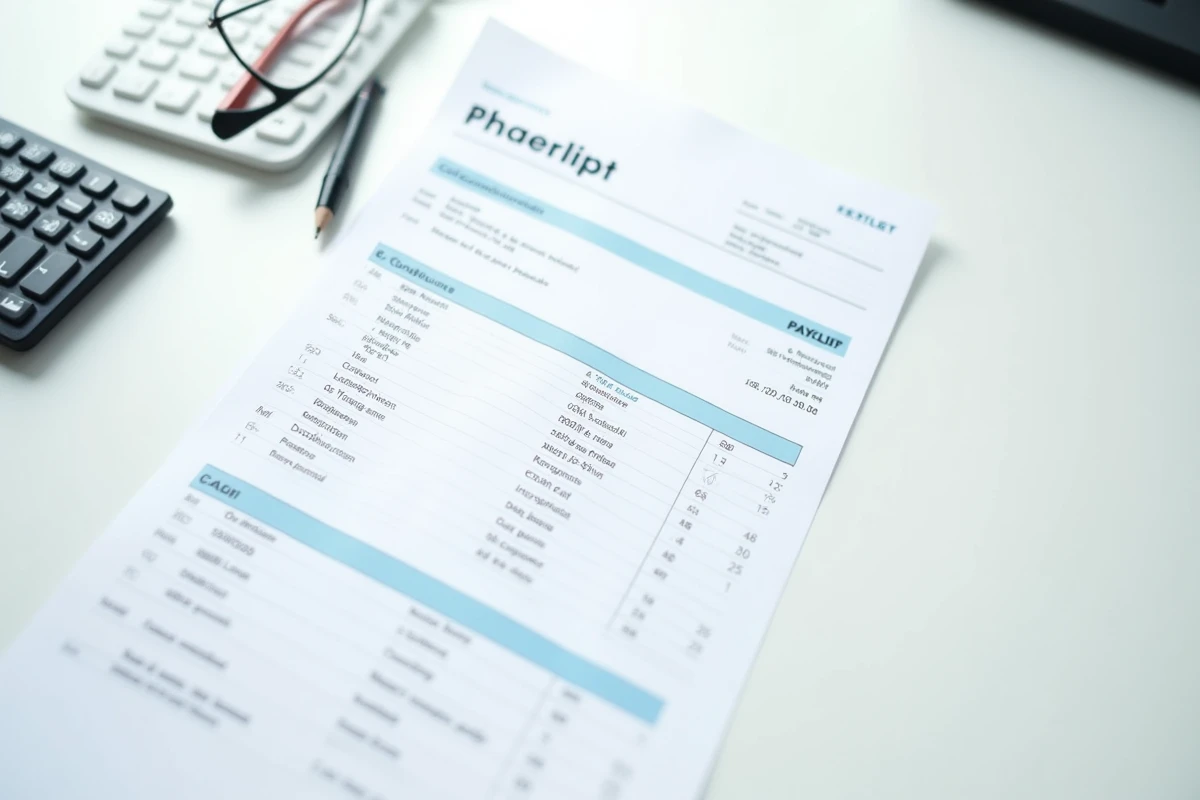 Vue aérienne d'une fiche de paie française avec calculatrice et crayon sur bureau blanc, illustrant le calcul des cotisations sociales et du salaire net pour 2300 euros brut